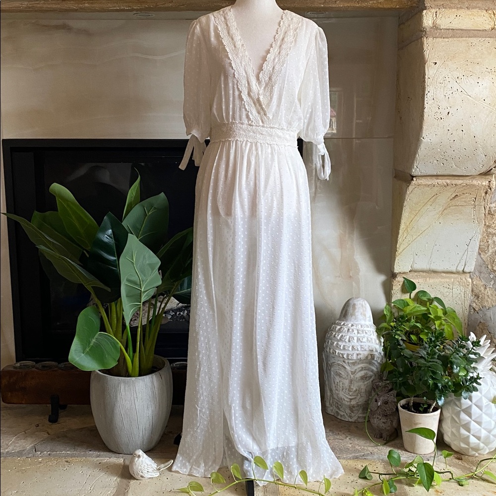 Romantic-cottage core White Maxi Dress with Lace Trim